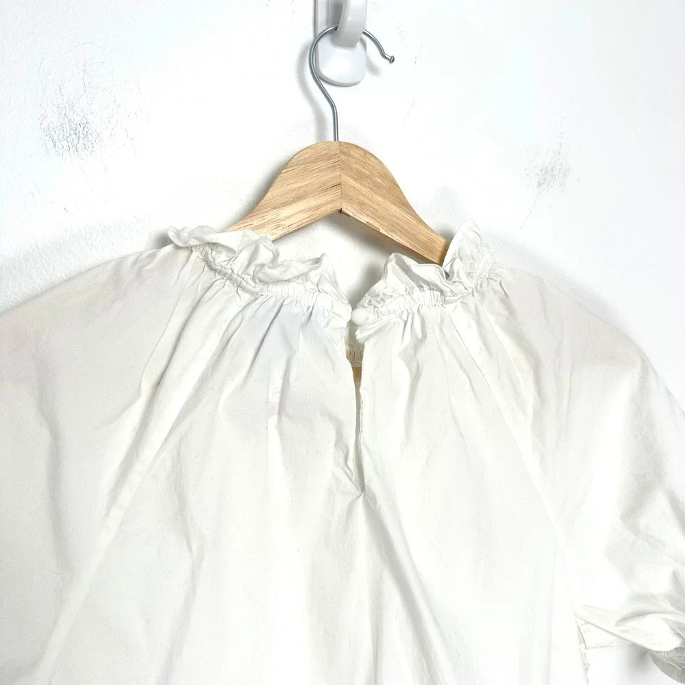 Hill House The Kit Top Puff Sleeve Ruffle Neck Blouse‎ Cotton White XS